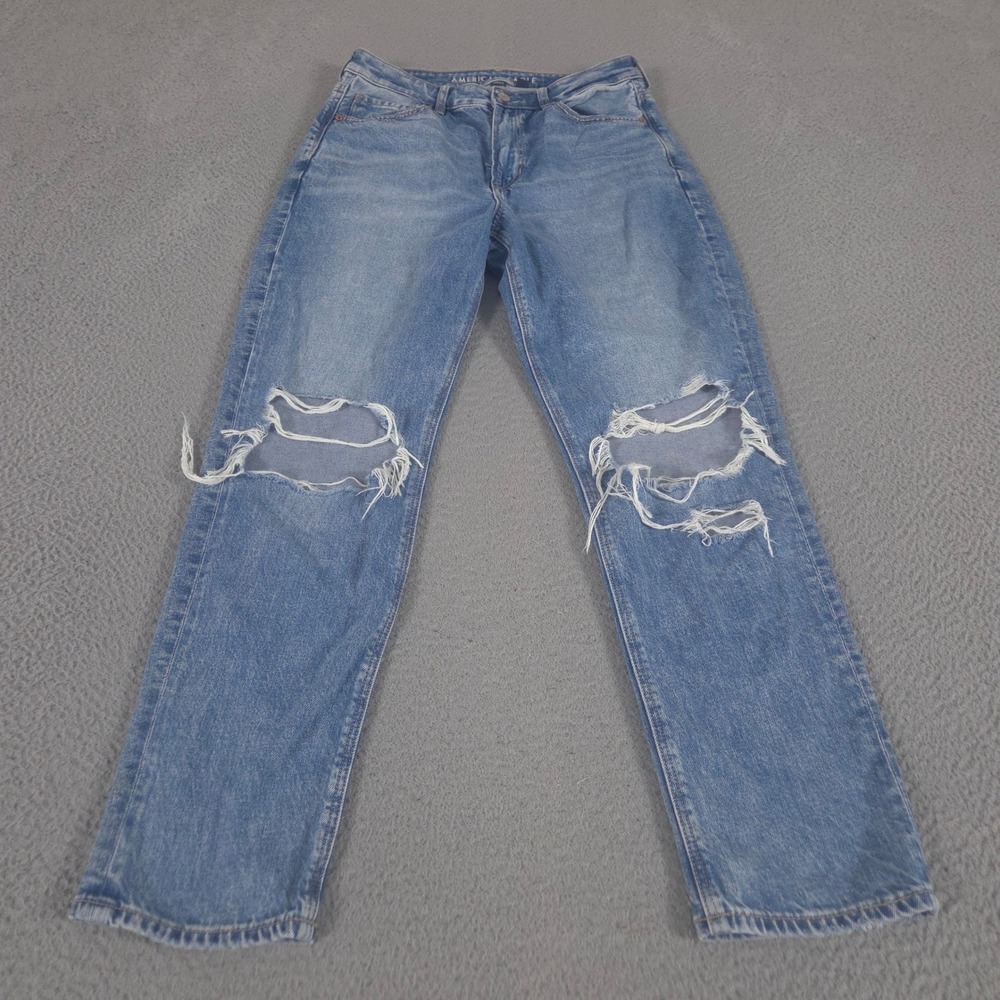 American Eagle Jeans Women 8 Blue Mom Pant Strigid Ripped Distressed Tapered Leg